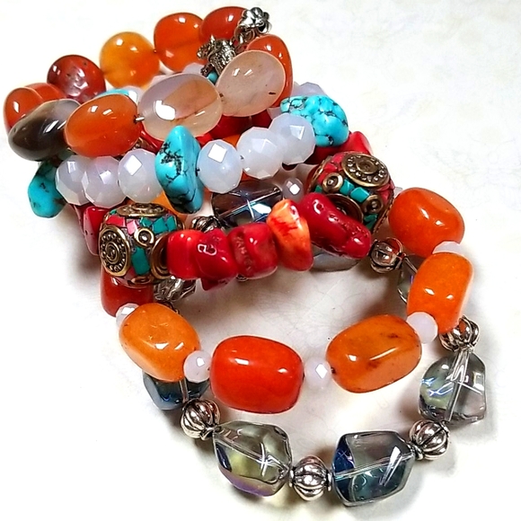 Hand Crafted Boho Beaded Agate, Coral, Turquoise and Amber Wrap Bracelet - Picture 14 of 16